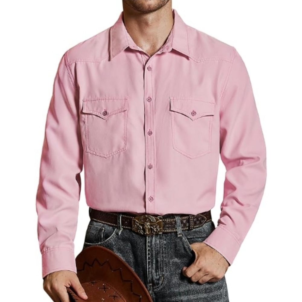 Cowboy Button Up Shirt Long Sleeve with Two Pockets Pink